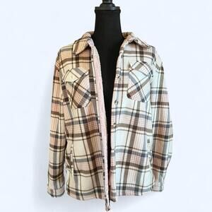 Cream and pink sage plaid flannel fleece lined jacket Size Medium